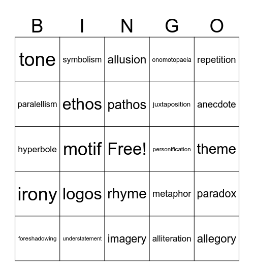 Figurative Language Bingo Card
