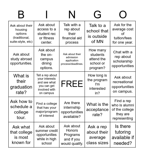 College Fair Bingo! Bingo Card