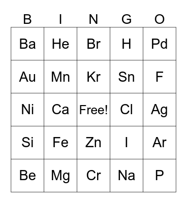 Elements Names and Symbols Bingo Card