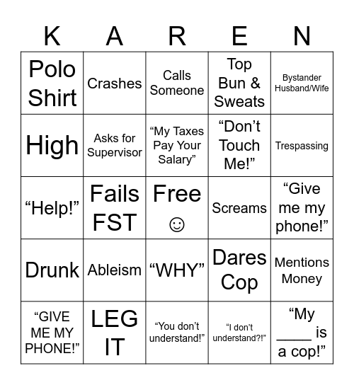 Karen Bingo Card