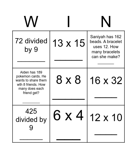 Math Bingo Card