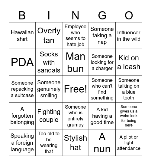 Airport People Watching Bingo Card