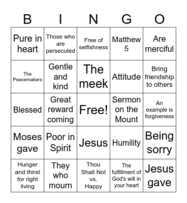Beatitudes Bingo Card