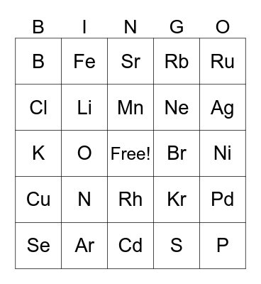 E  L  E  M  E  N  T Bingo Card