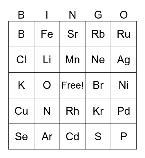 E  L  E  M  E  N  T Bingo Card