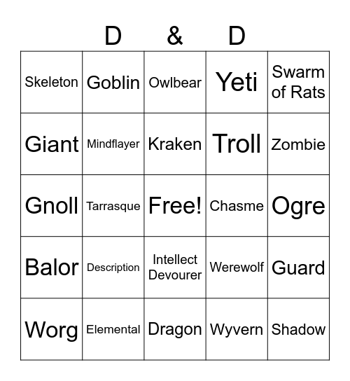 Dungeons and Dragons Bingo Card