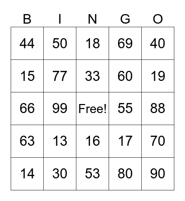 Number Practice Bingo Card
