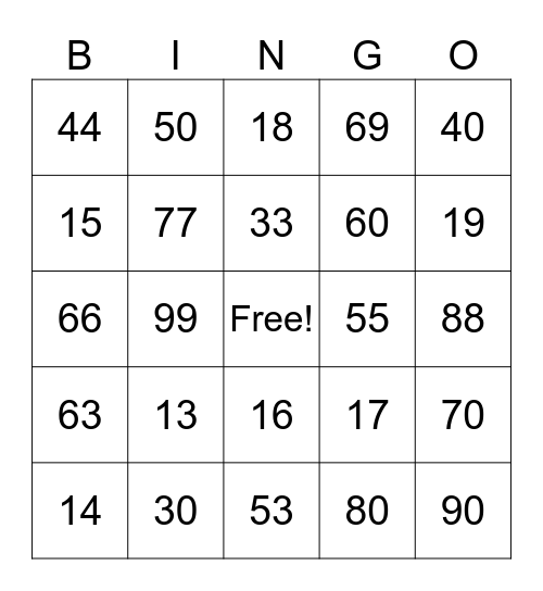 Number Practice Bingo Card
