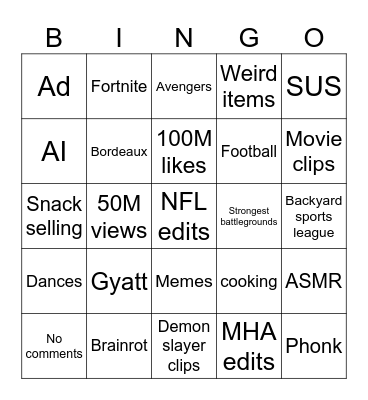 YouTube shorts bingo Card