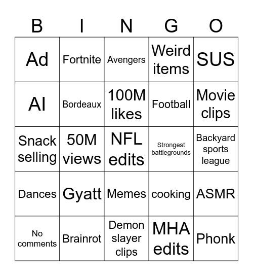 YouTube shorts bingo Card