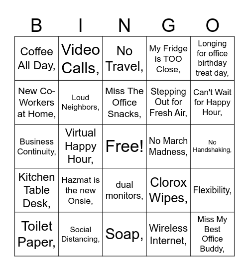 Work from Home BINGO Card