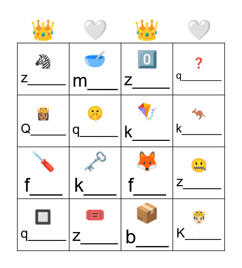 King and Queen Bingo Card