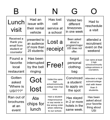 Admissions Travel Bingo Card