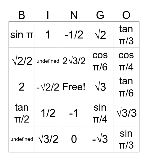 Exact Values Bingo Card