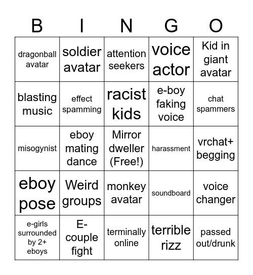 Vrchat Bingo Card