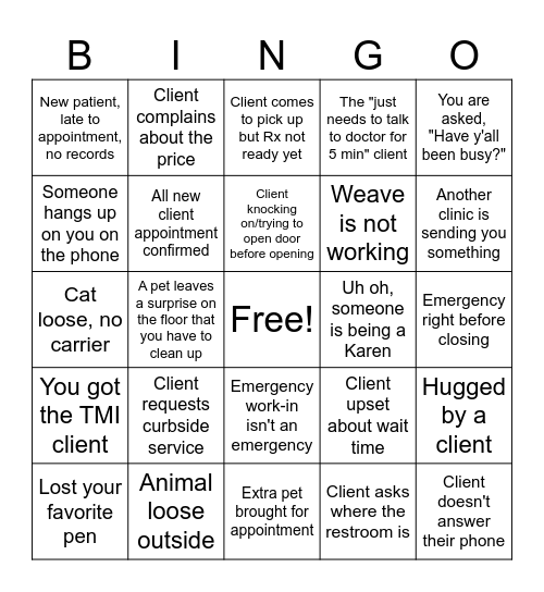 Veterinary Receptionist Bingo Card