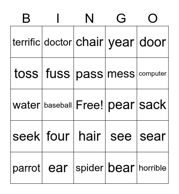 Vocalic R Articulation Bingo Card
