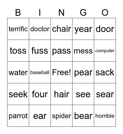 Vocalic R Articulation Bingo Card