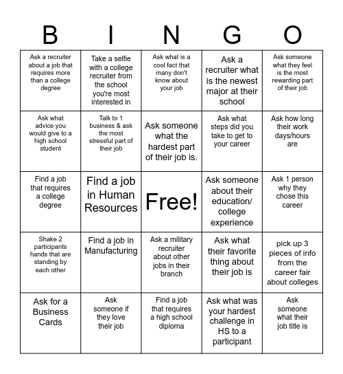 Career Fair BINGO Card