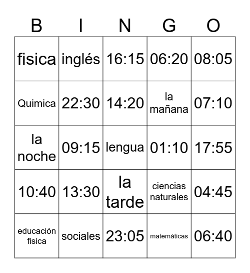 el horario escolar Bingo Card