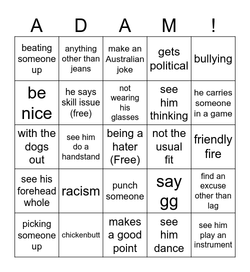 Adam bingo (blackout) Bingo Card