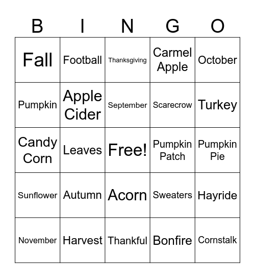 Fall Bingo - 5th grade parent night Bingo Card