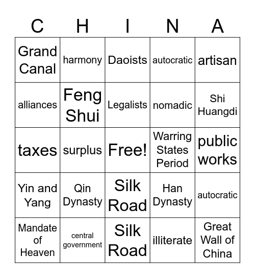 Ancient China Bingo Card