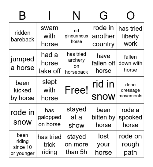 horse riding Bingo Card