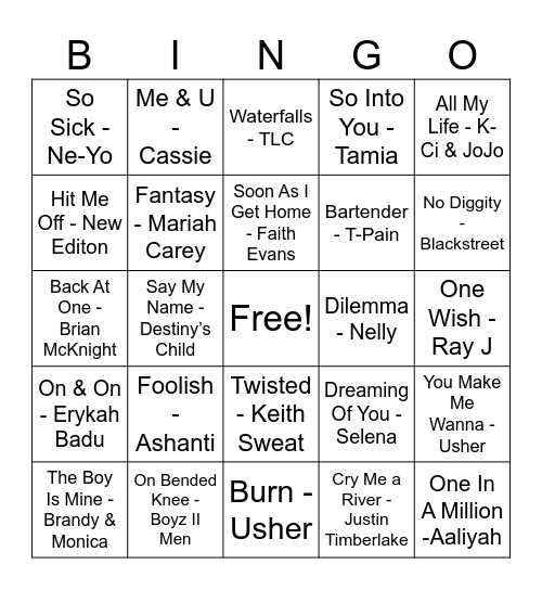 R&B Songs Bingo Card