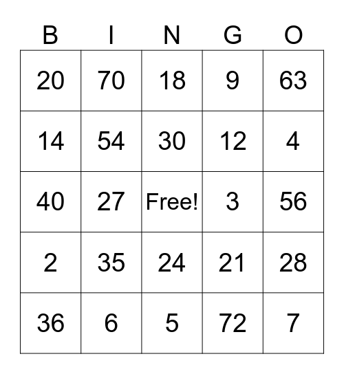 Multiplication Bingo Card
