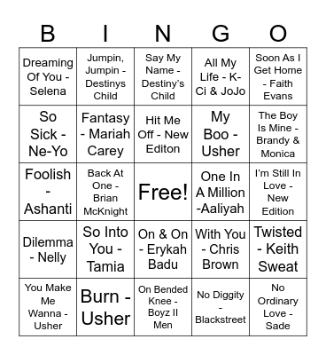 R&B Songs Bingo Card
