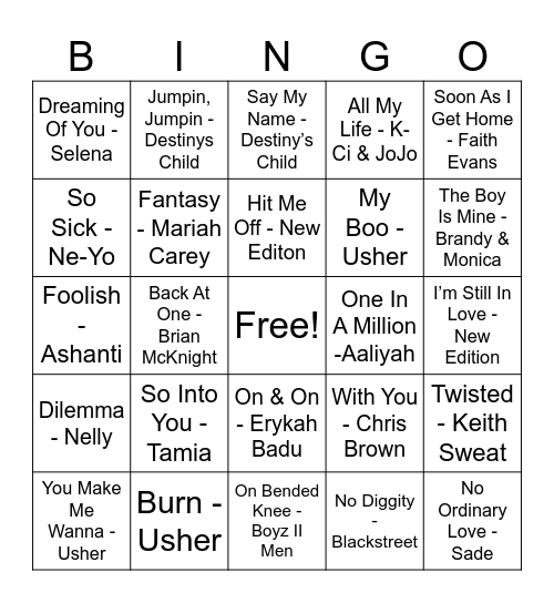 R&B Songs Bingo Card