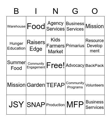 Food Bank Bingo Card