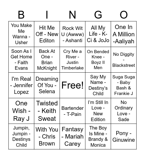 R&B Songs Bingo Card