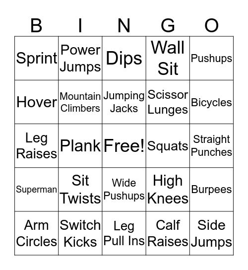 Fitness Bingo Card