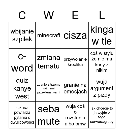 kurwy bingo aka rozdanie nagród Bingo Card