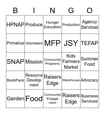 Food Bank Bingo Card