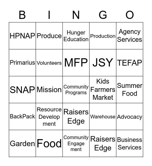 Food Bank Bingo Card