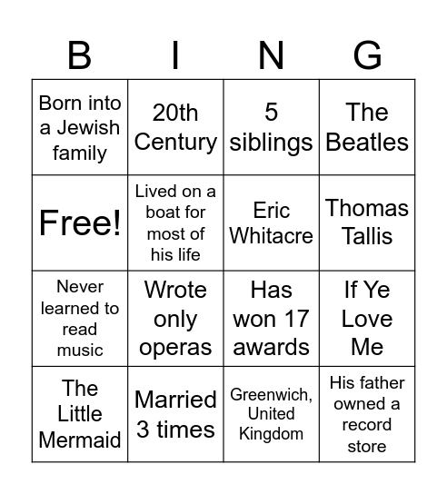 Composer Presentors Bingo Card