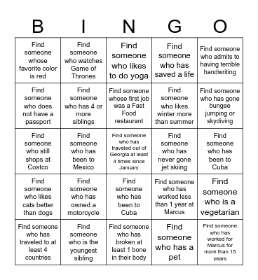 GET TO KNOW YOU Bingo Card