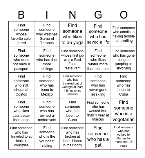 GET TO KNOW YOU Bingo Card