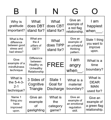 Coping Skills Review Bingo Card