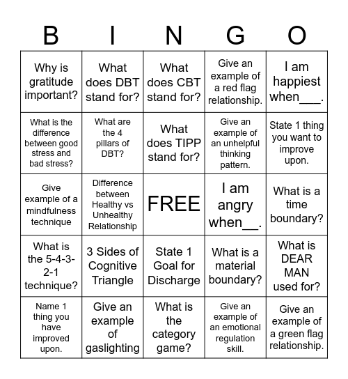 Coping Skills Review Bingo Card