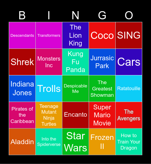 Middle School Movie Music Bingo Card