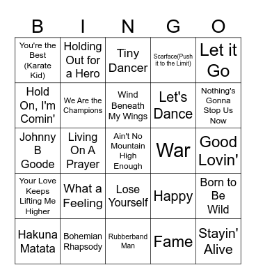 (Mostly) Motivational Songs from Movies Bingo Card