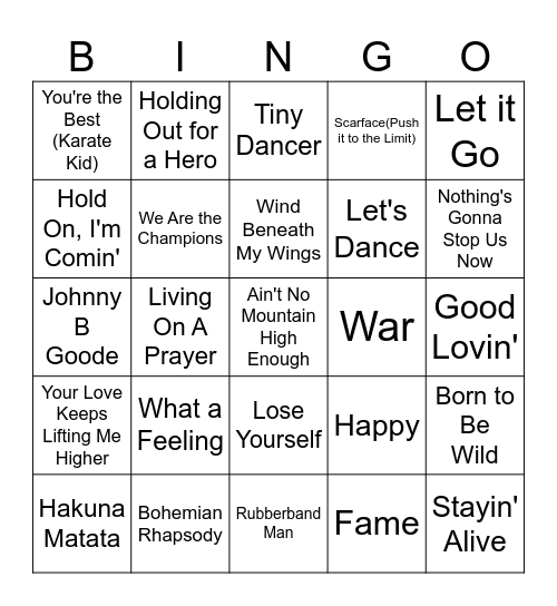 (Mostly) Motivational Songs from Movies Bingo Card