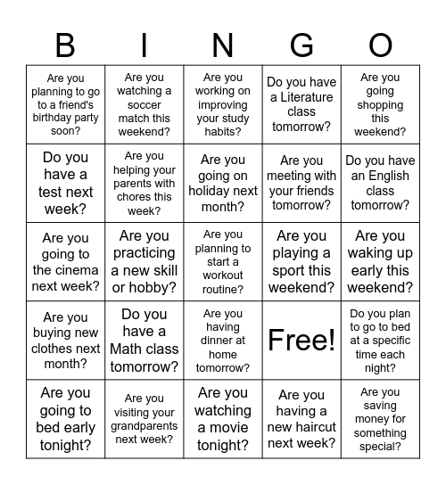 Future Plans Bingo Card