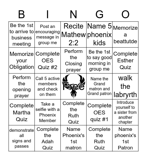 Phoenix Bingo  Bingo Card