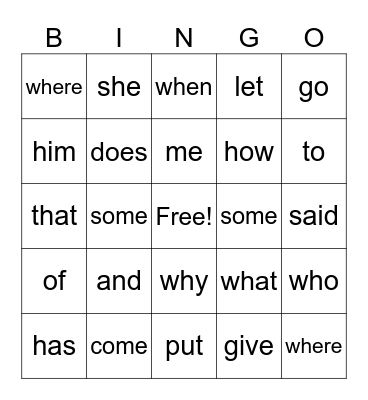 Sight Words Bingo Card