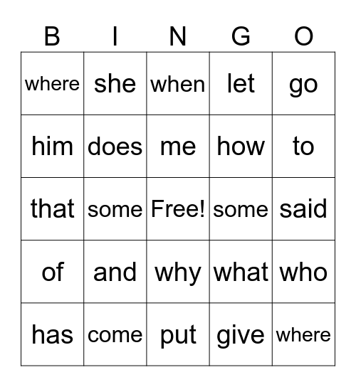 Sight Words Bingo Card